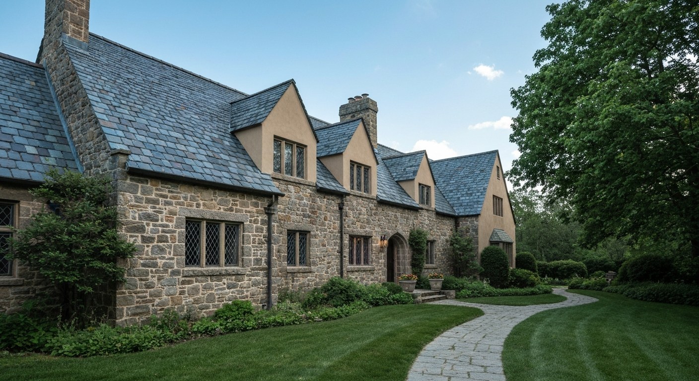 stone and stucco tudor house with slate roof and garden path