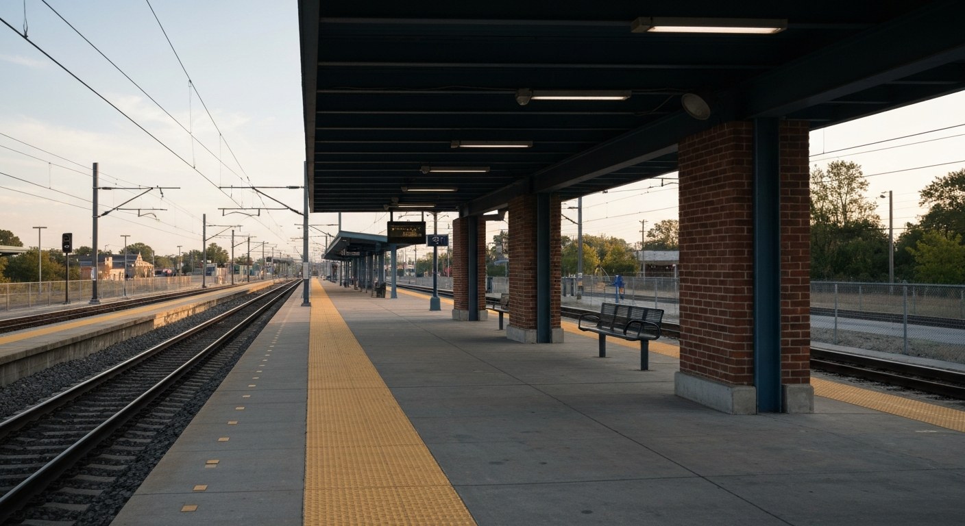 commuter train platform in suburban station with brick shelter, morning