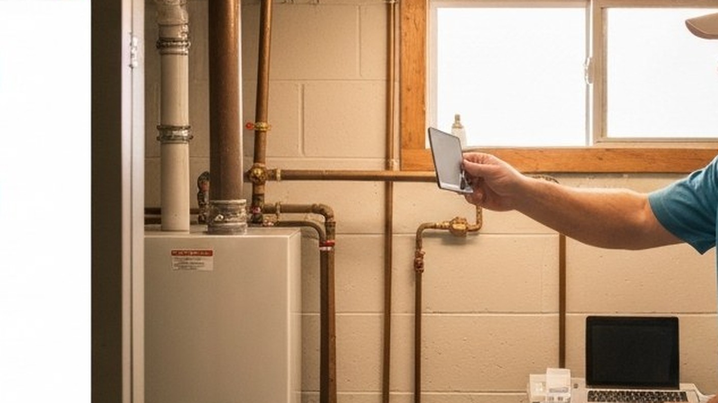 home inspector examining a boiler in a basement utility room
