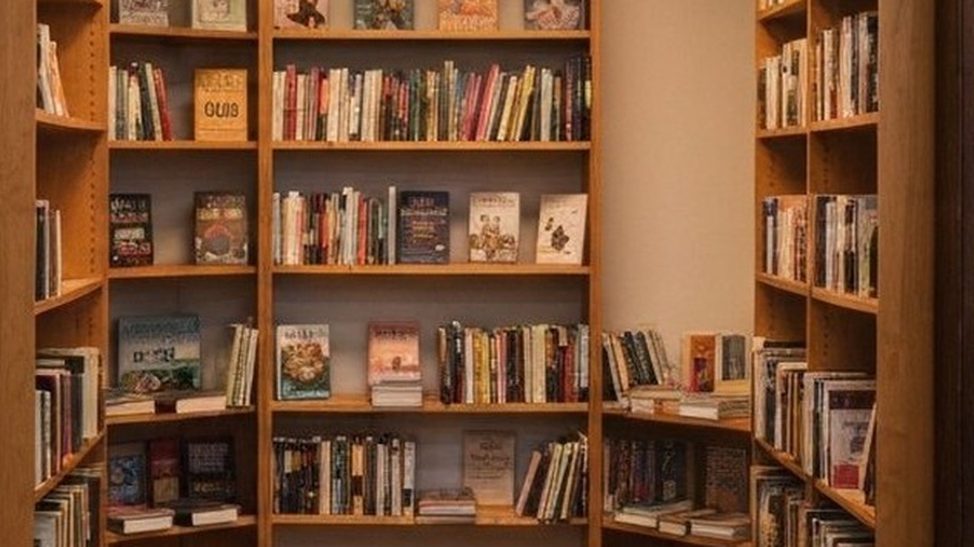 small bookstore interior with wooden shelves and reading nook
