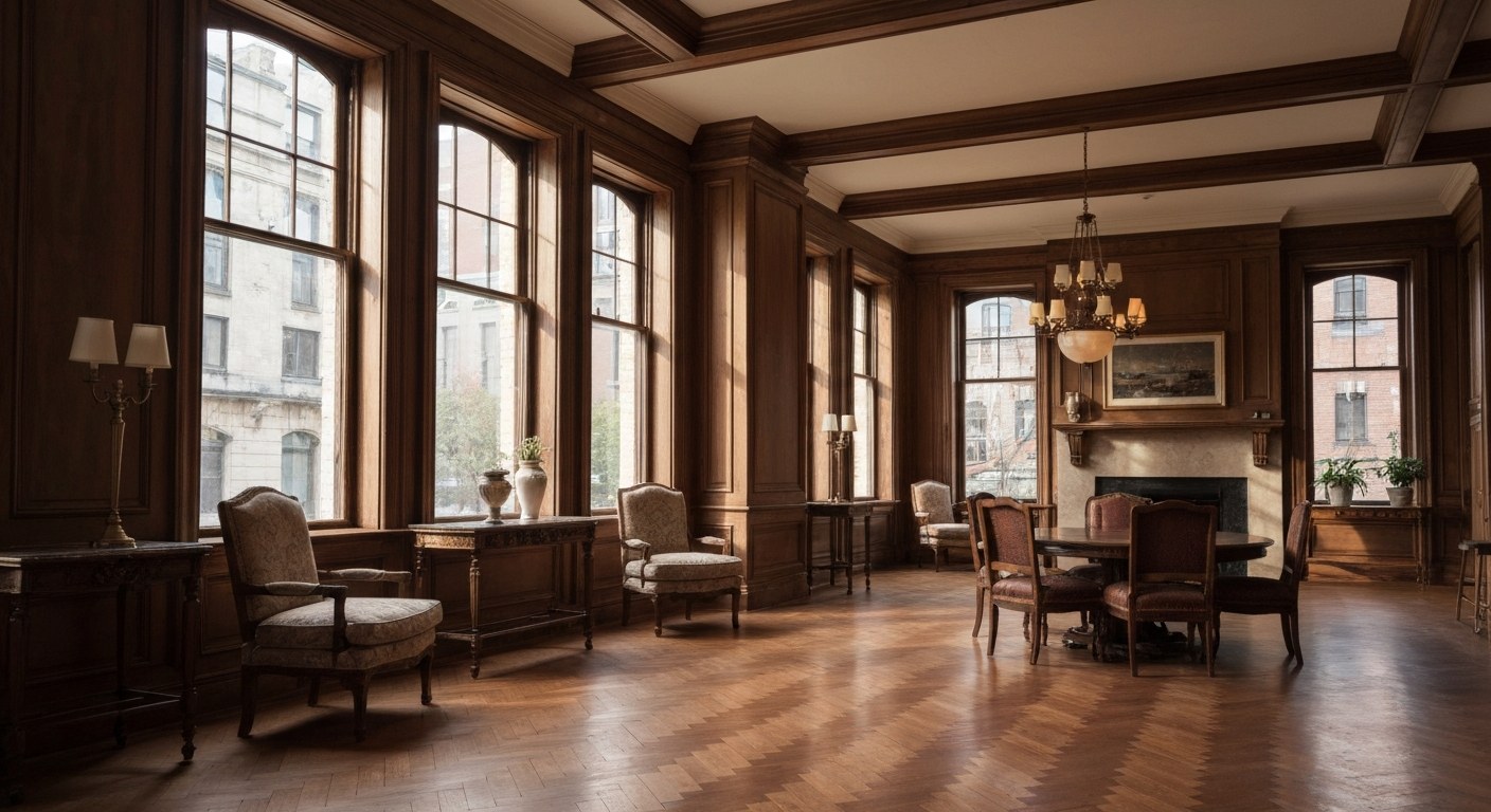 elegant brownstone interior with tall windows and period details, morning light