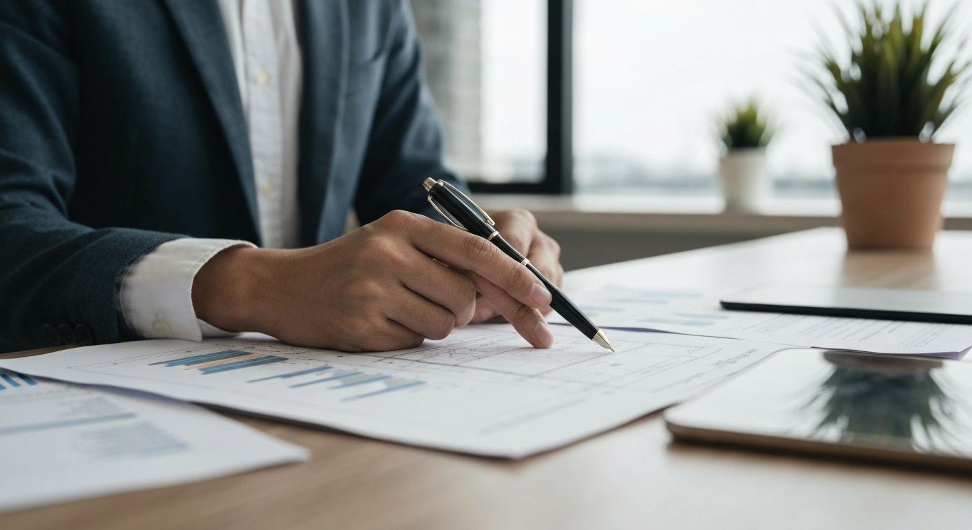 infrastructure engineering plans and property documents on a desk, professional review