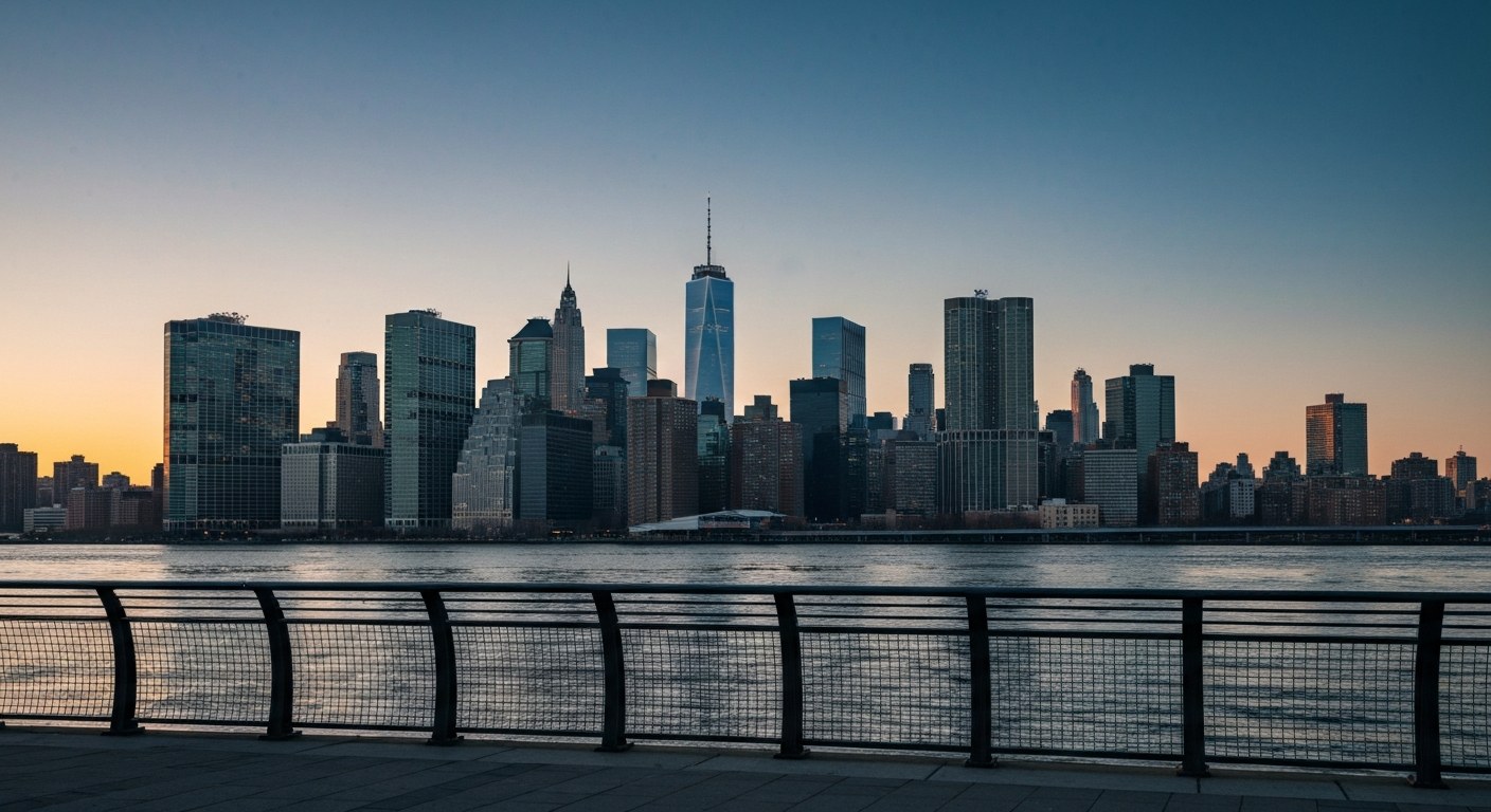 Manhattan skyline seen across the East River at sunset from a Brooklyn promenade