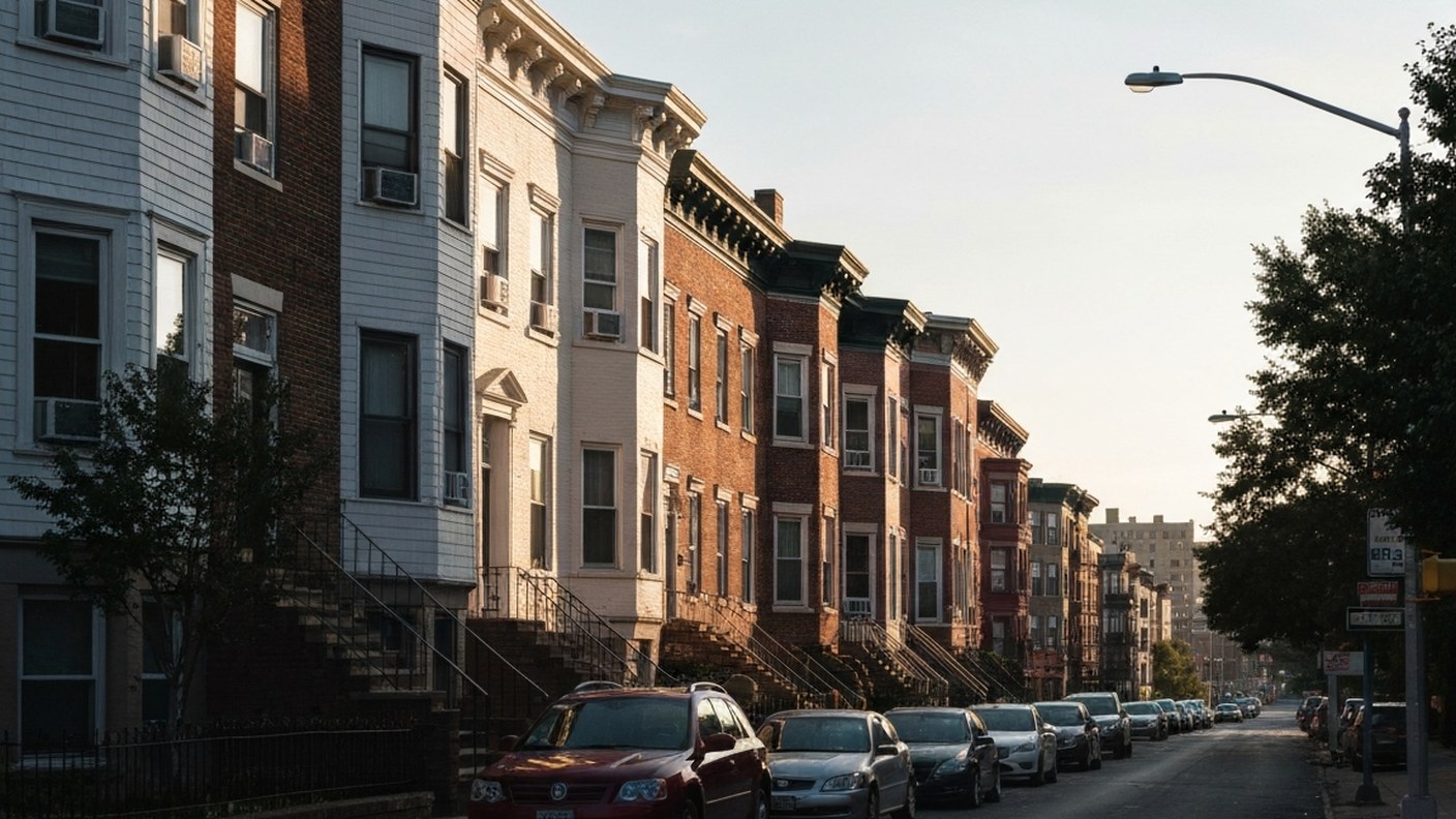 A row of residential buildings in a New York neighborhood viewed along the street, morning light, se