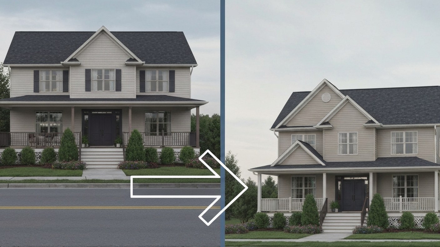 Two properties side by side conceptually with an exchange arrow, real estate transition, clean edito