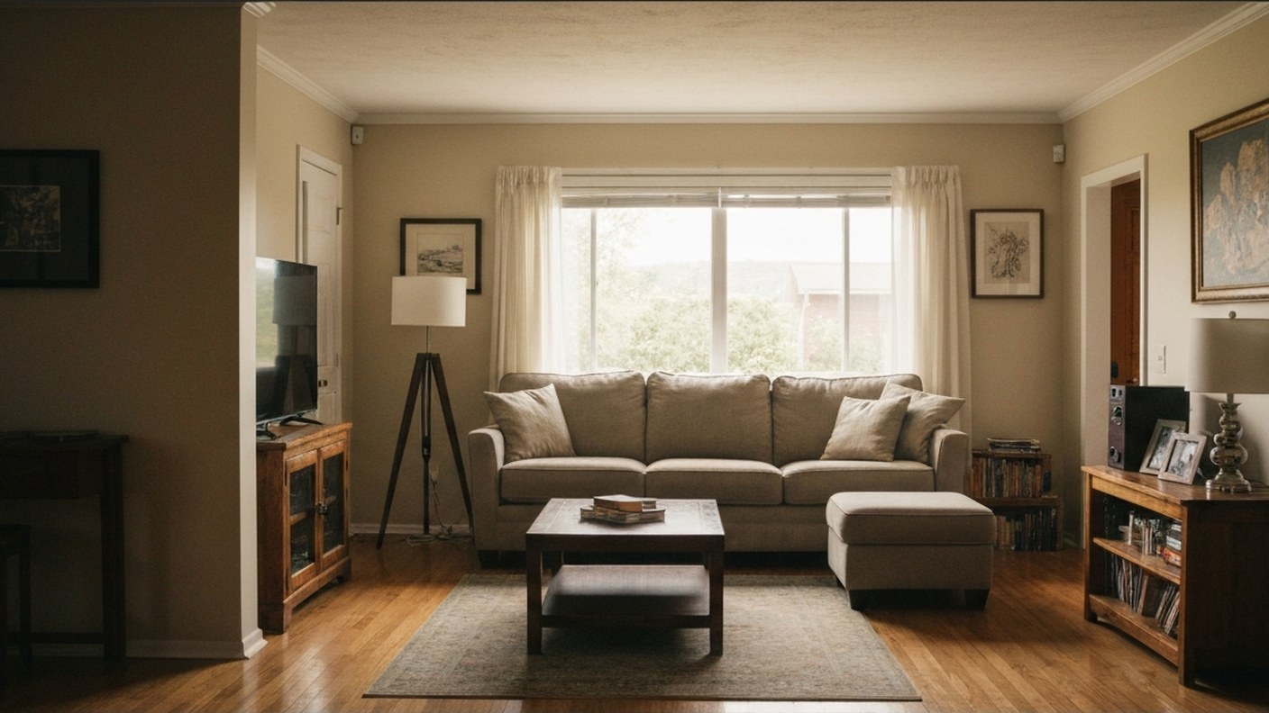 A comfortable family home interior with warm light and personal touches, sense of primary residence