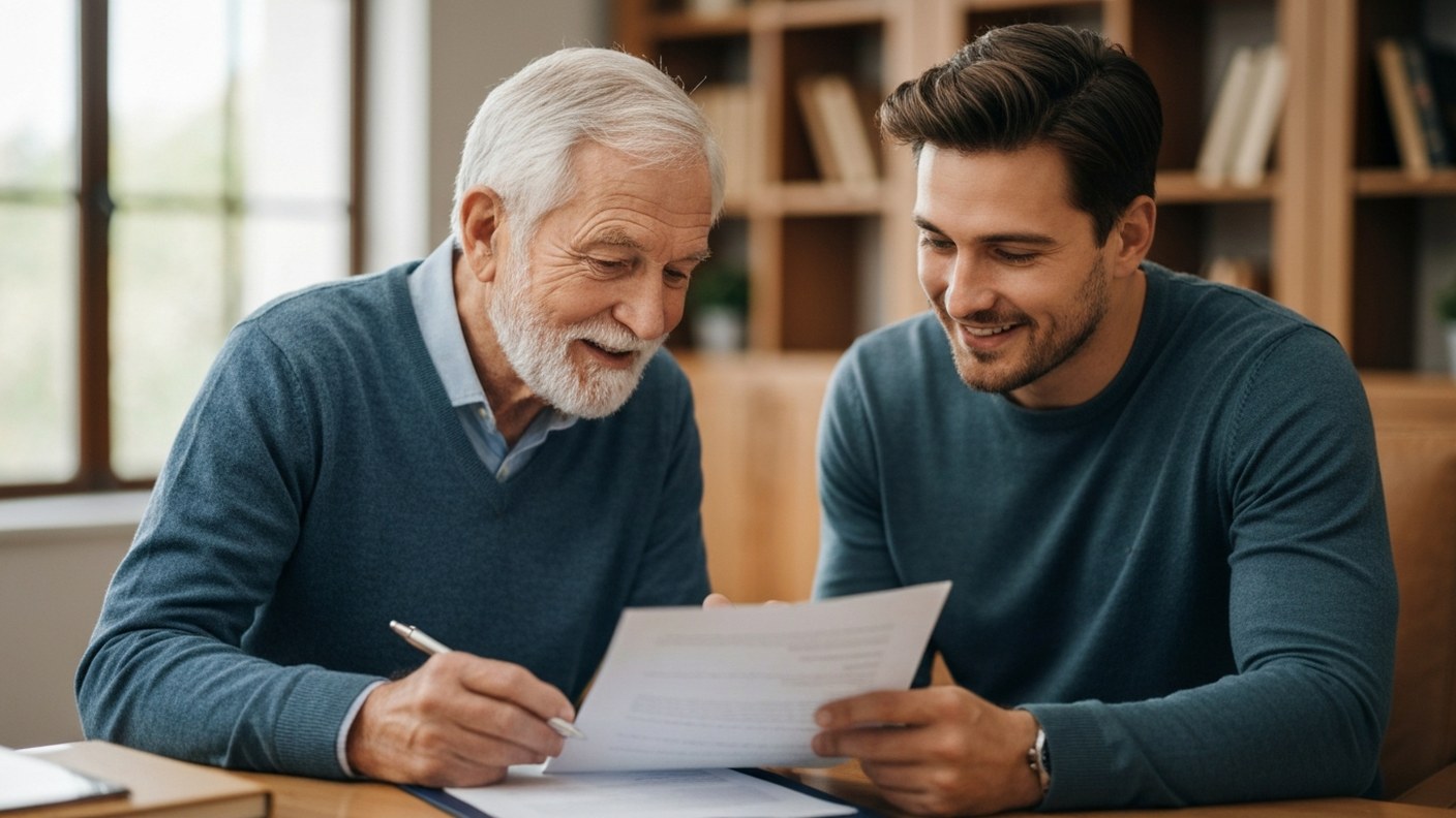 An older person and their adult child looking at property documents together, generational wealth tr