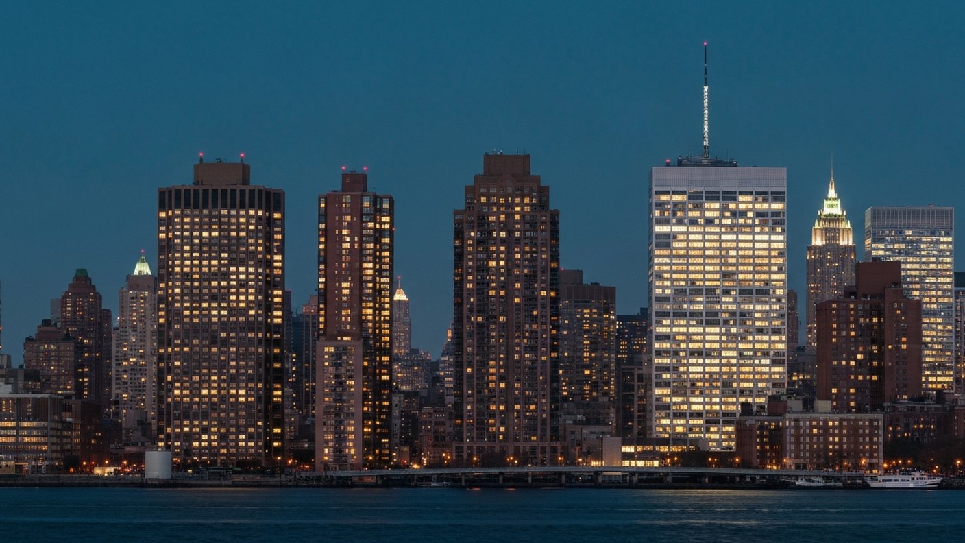 Evening skyline of New York with residential towers lit up, sense of accumulated long-term assets