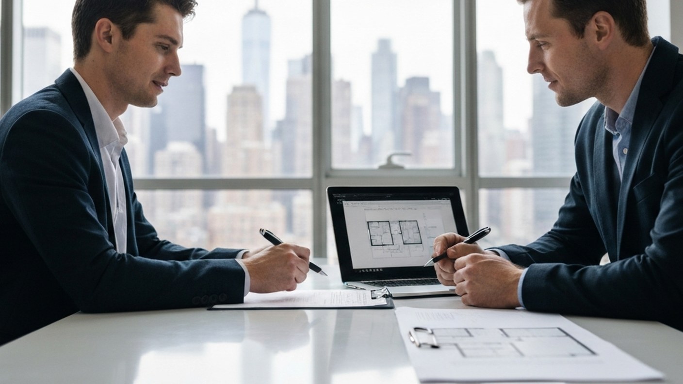 A real estate agent and a client discussing property documents at a bright modern office table in Ma