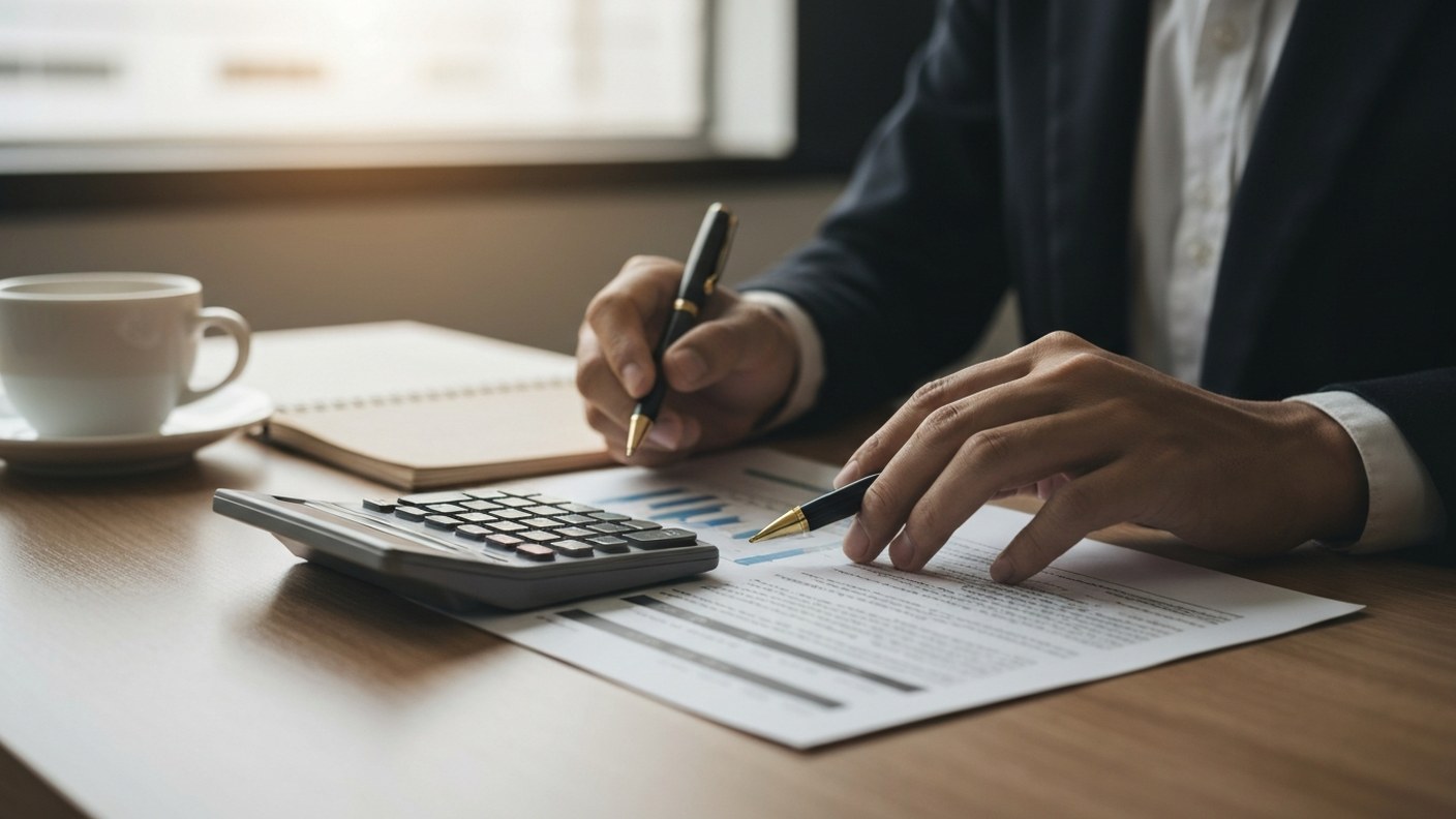 Close-up of hands reviewing a real estate commission statement and calculator on a desk, pen and cof