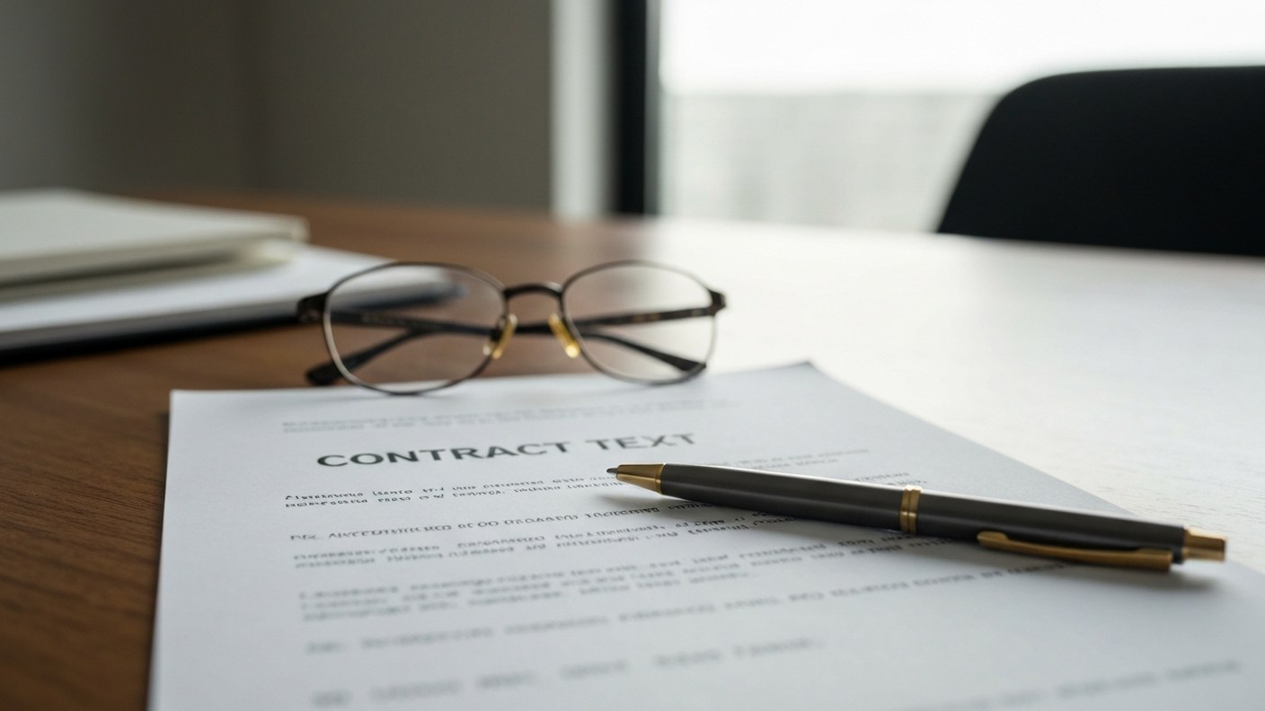 A contract document with a pen resting on it, reading glasses beside, on a wooden desk in a home off