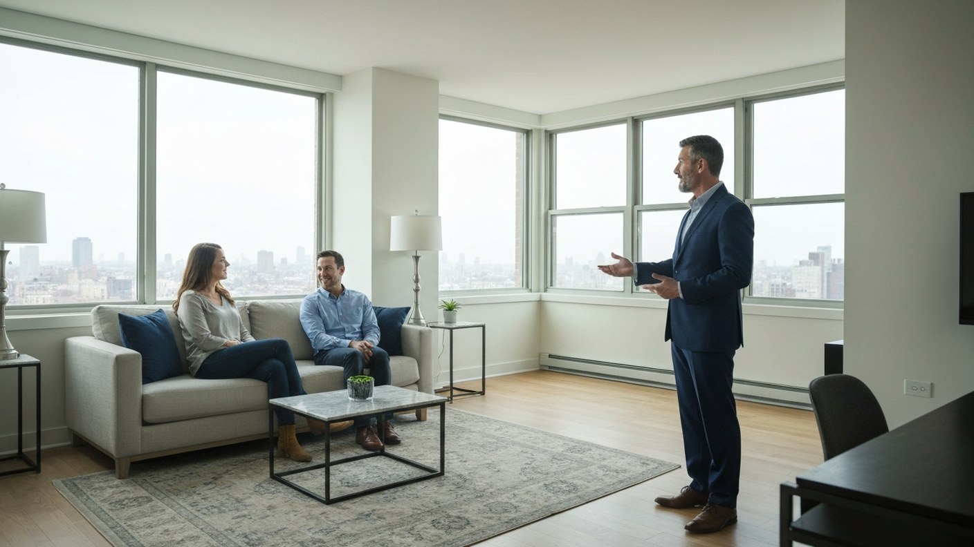 A confident real estate professional showing an apartment interior to a couple, spacious condo livin