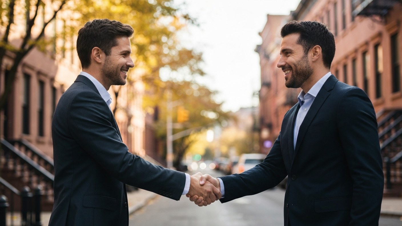 Handshake between two business professionals in front of a New York brownstone street, autumn aftern