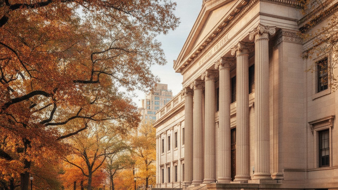 Fifth Avenue museum building with classical facade beside Central Park, autumn trees