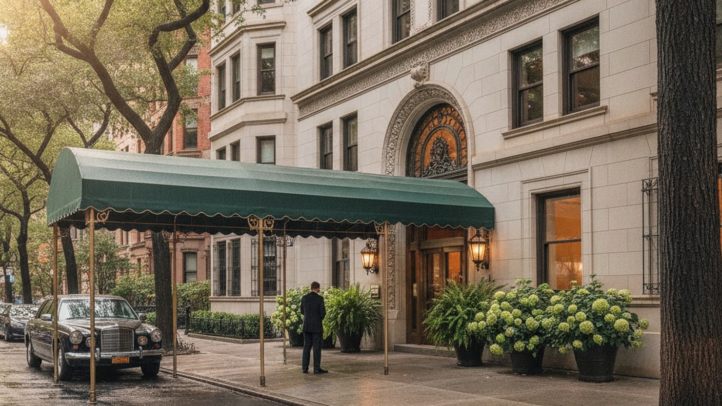 elegant limestone pre-war apartment building entrance with canopy, Upper East Side