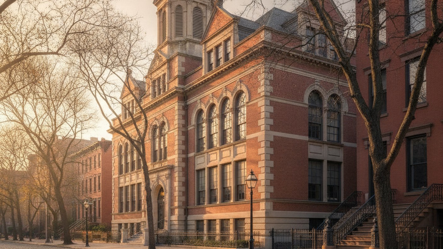 historic school building with brick facade on quiet uptown street, morning