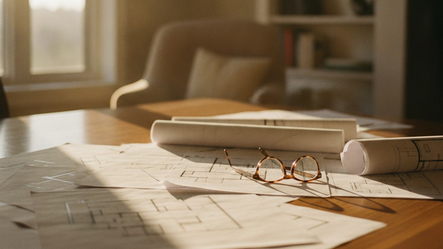 floor plans and property documents on table with reading glasses, warm interior light
