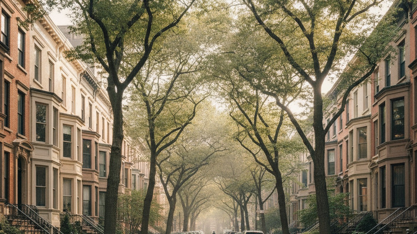 quiet uptown residential street with townhouses and mature trees, soft light