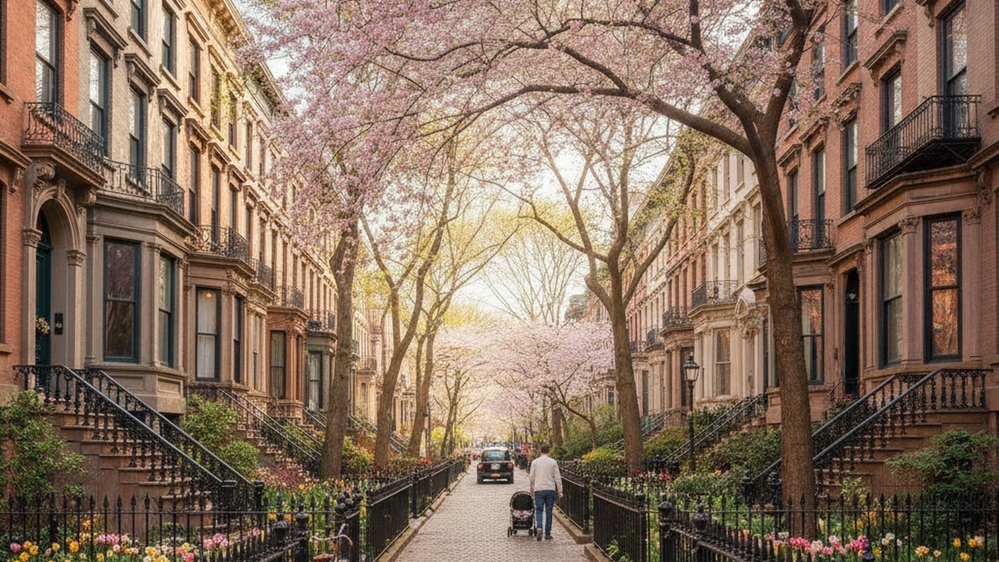 Brooklyn street with brownstones set back behind deep front gardens, iron fences, spring afternoon