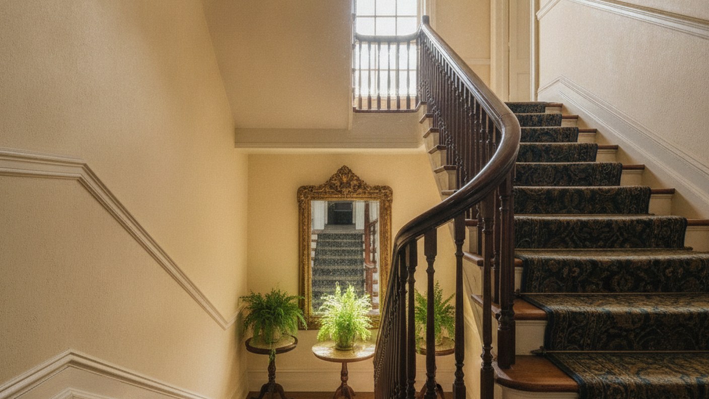 interior stairwell of a two family brownstone with wooden banister and natural light