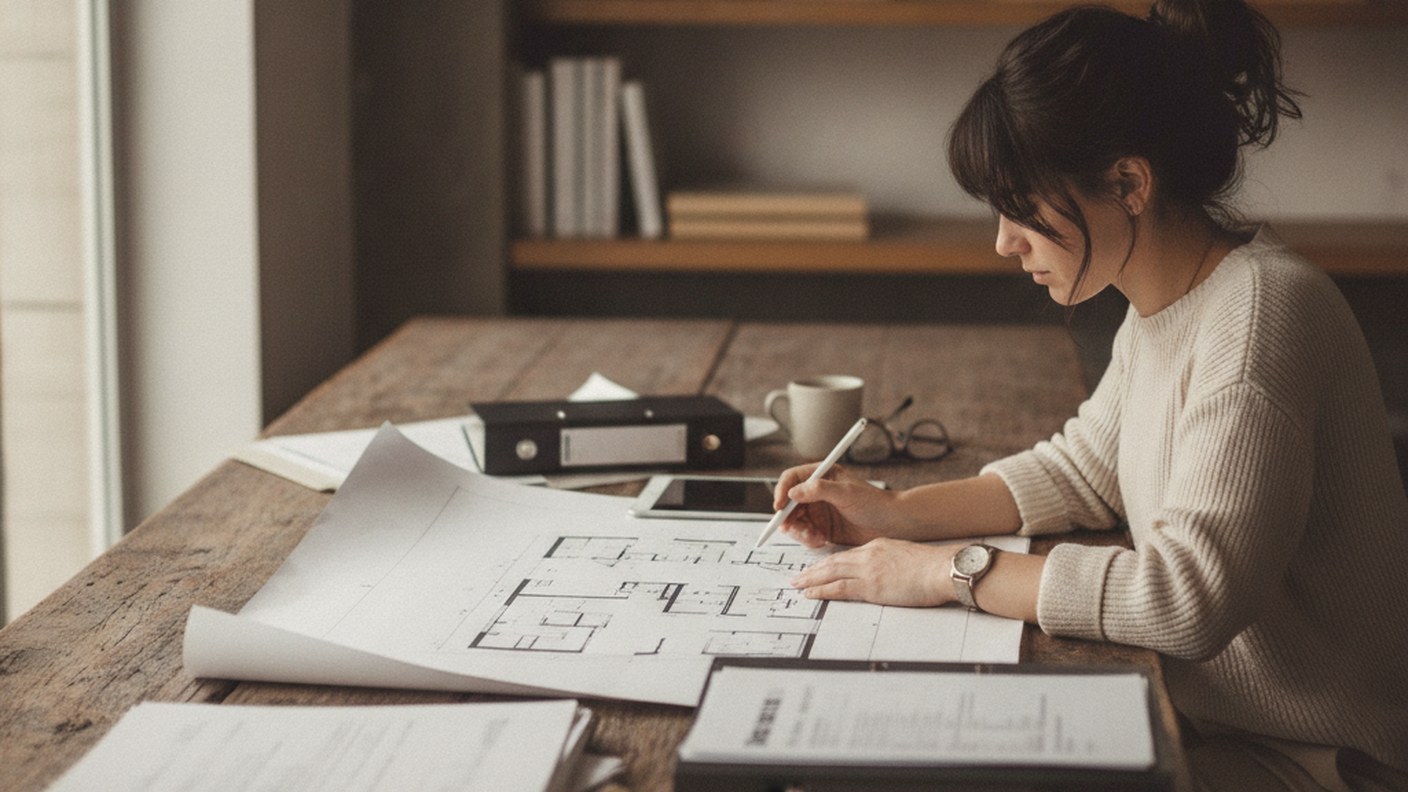 person reviewing property documents and floor plans at a wooden table, daylight