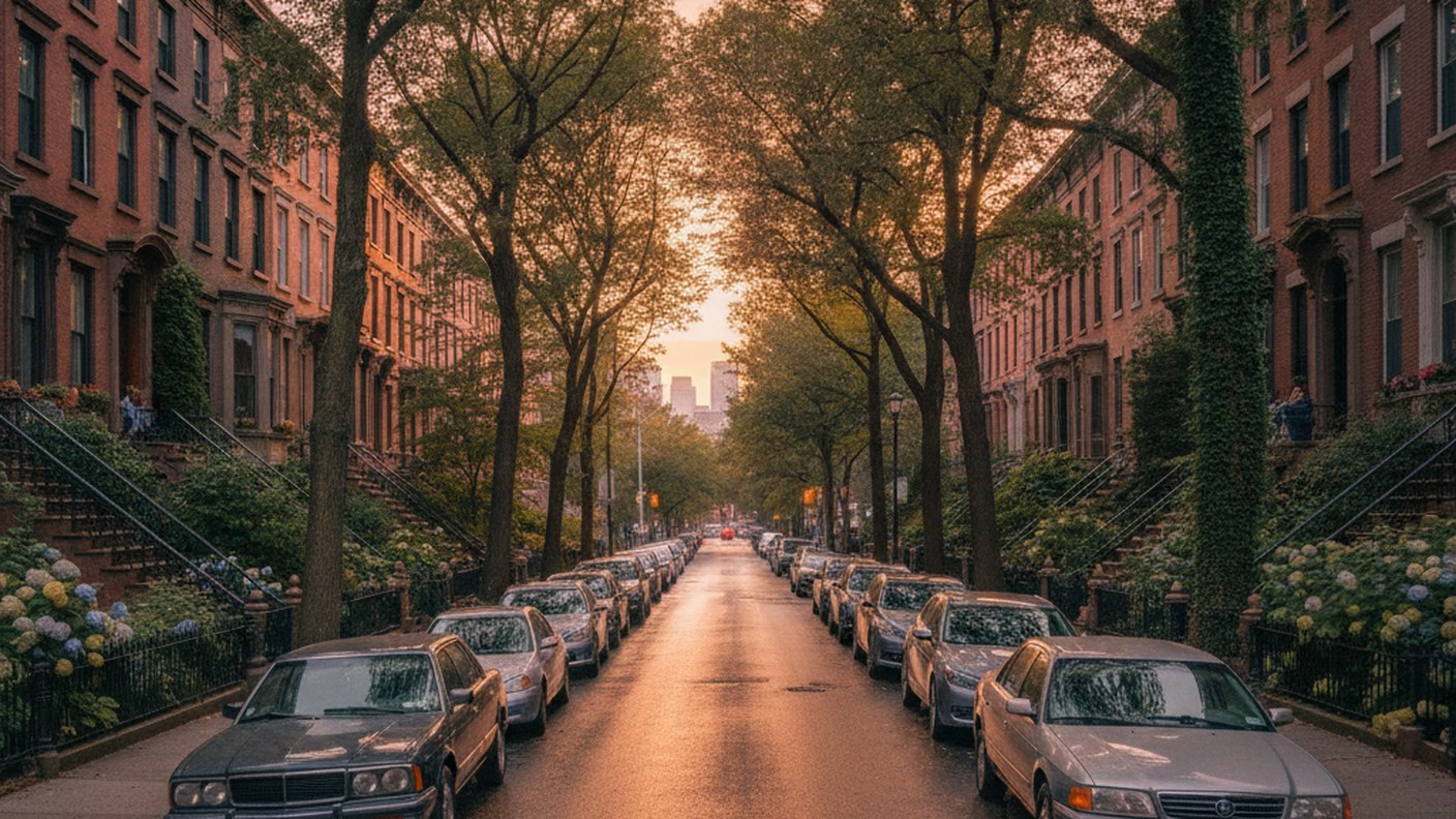 view down a Carroll Gardens block with gardens, stoops and parked cars, evening light