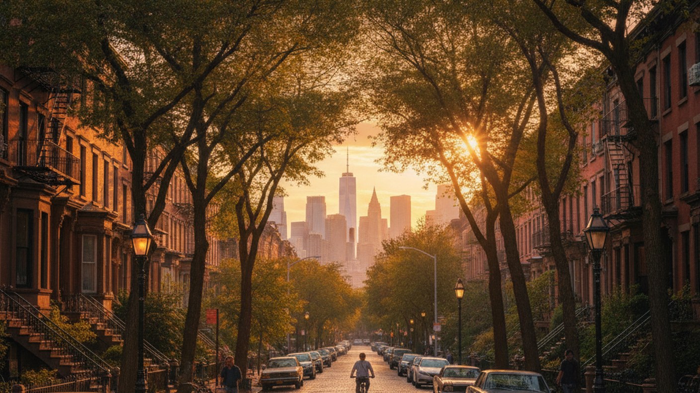 wide view of a leafy Brooklyn residential neighborhood at golden hour