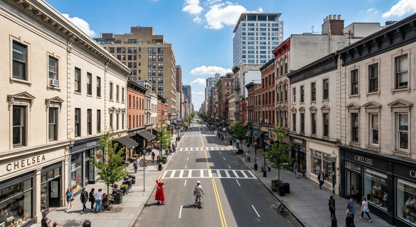 art gallery district street with warehouse buildings and pedestrians, New York