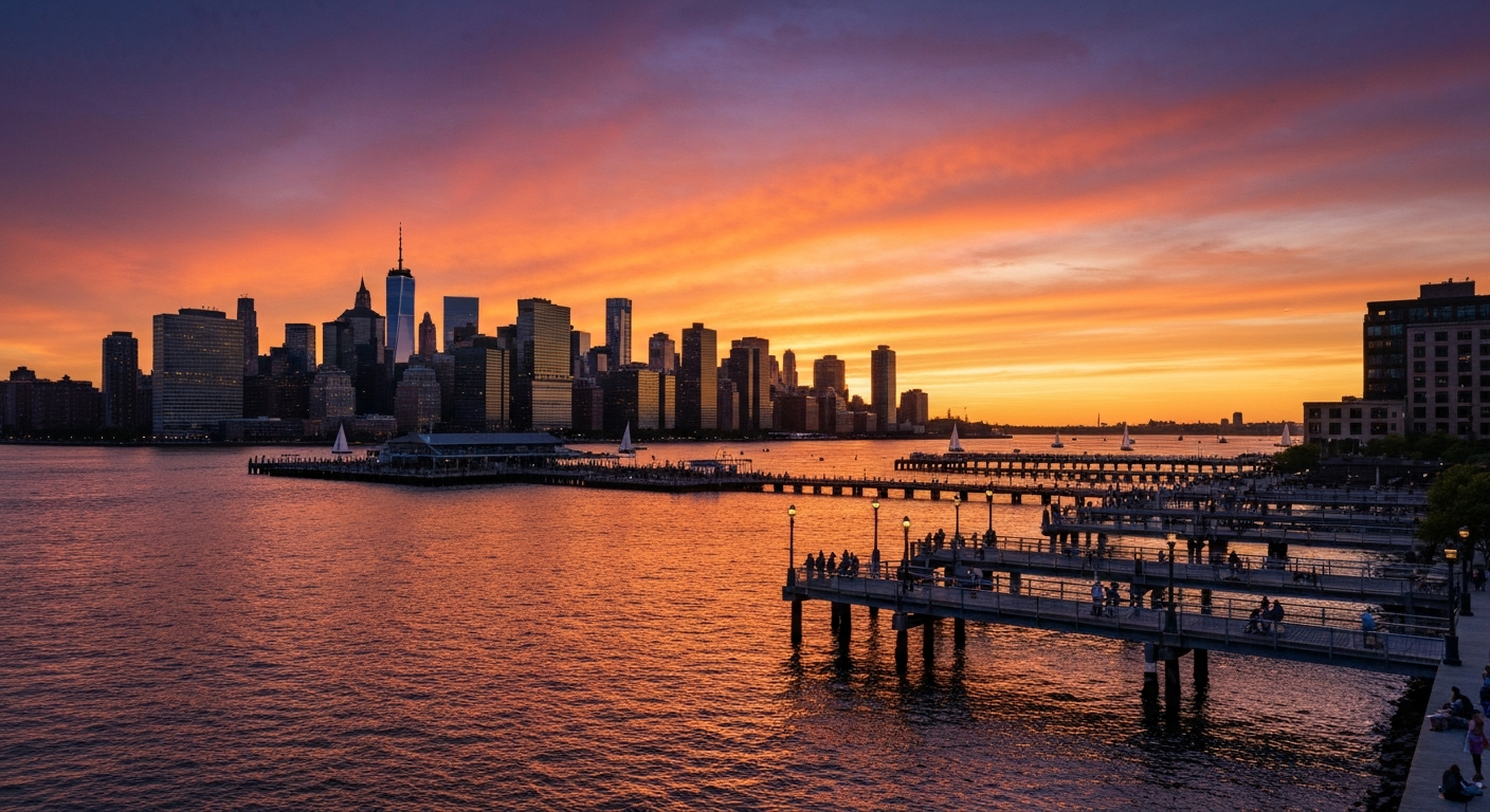 Hudson River waterfront with modern Manhattan buildings at sunset