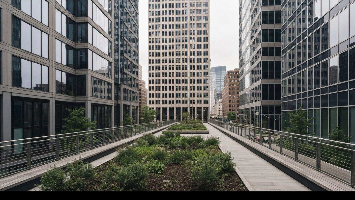 elevated park walkway with plantings running between modern buildings, New York, daytime