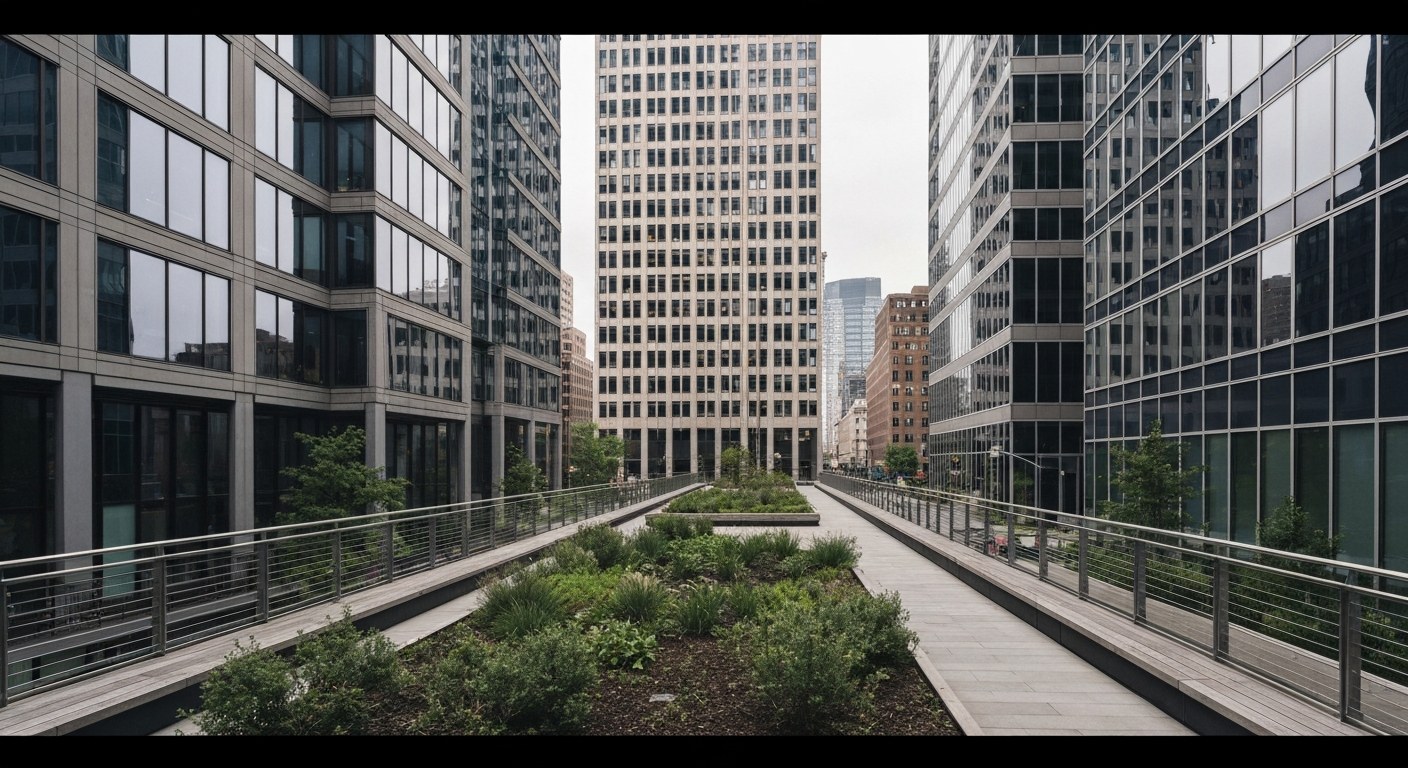 elevated park walkway with plantings running between modern buildings, New York, daytime