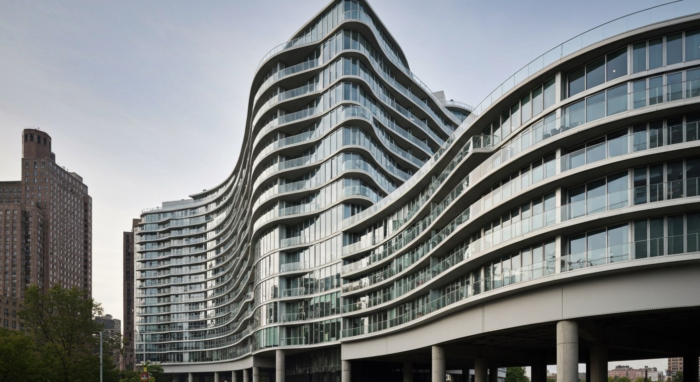 sculptural curved facade luxury residential building beside an elevated park, New York