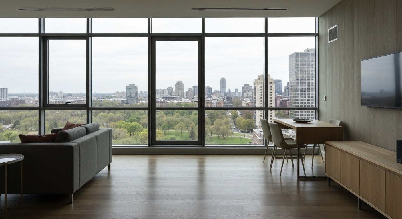 modern apartment interior with floor to ceiling windows overlooking a city park