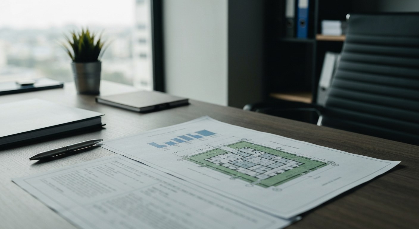 architectural drawings and property documents on a desk in a modern office