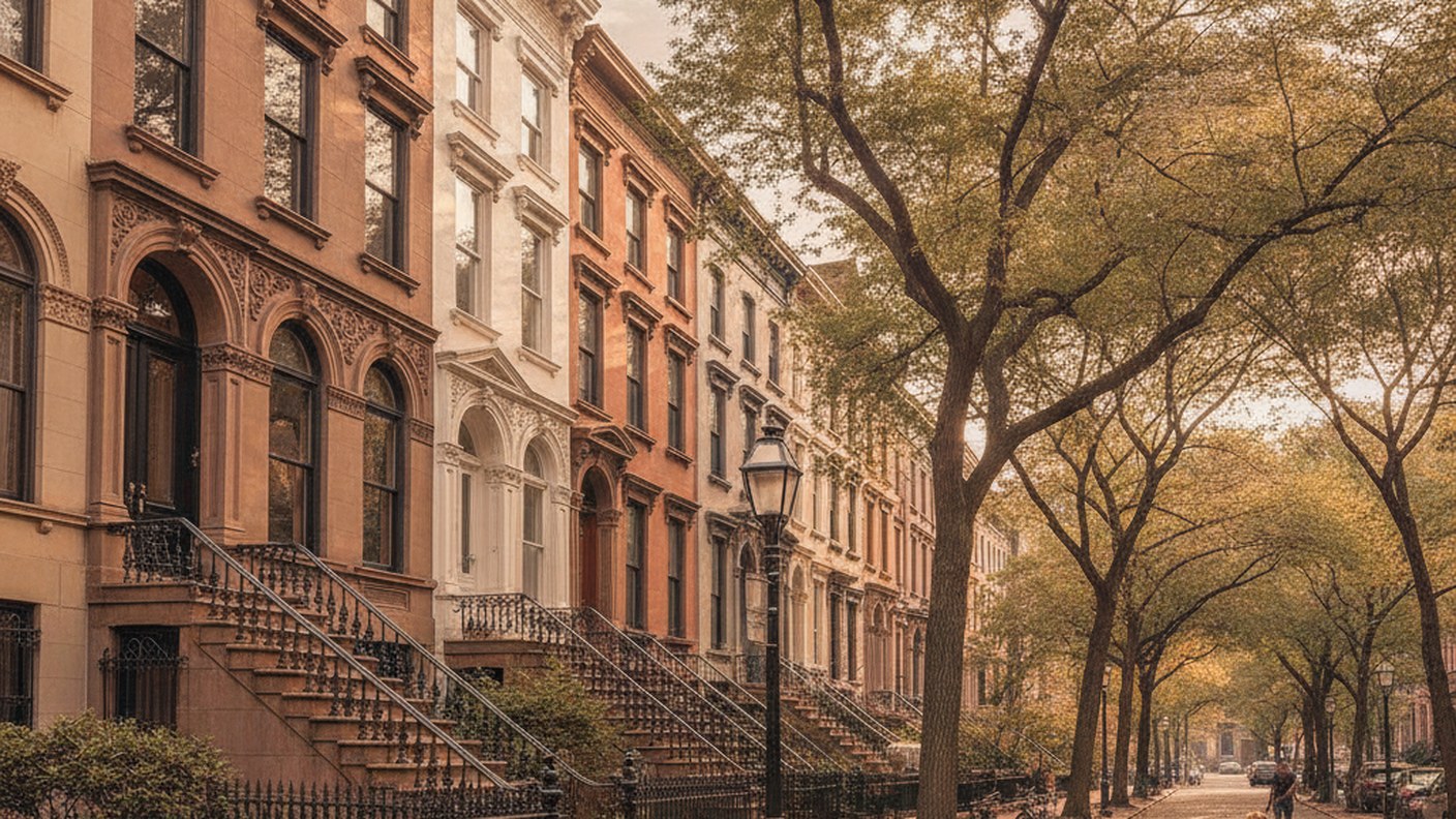 row of nineteenth century brownstone townhouses on a tree lined Brooklyn street, morning light