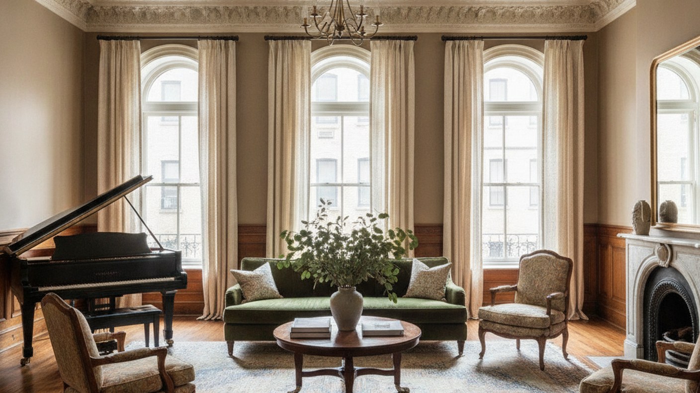 interior of a renovated brownstone parlor floor with high ceilings, original moldings and tall windo