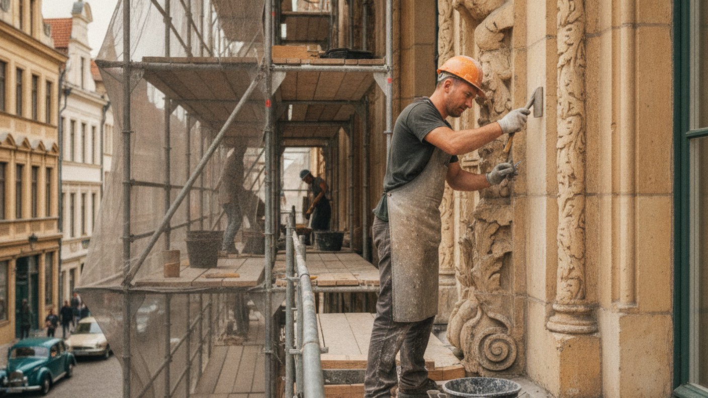 craftsman restoring the stone facade of a historic townhouse with scaffolding, daytime