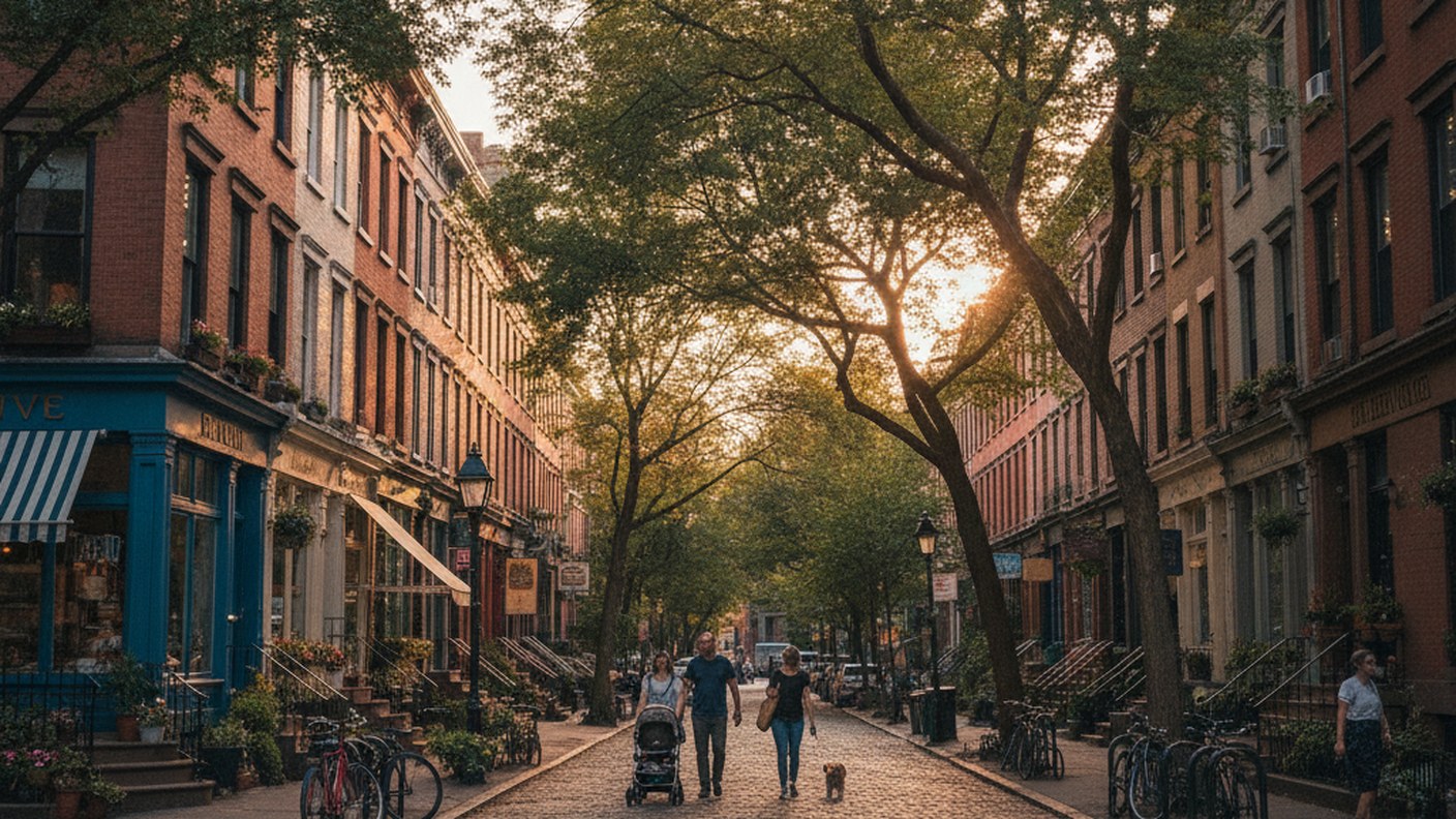 quiet residential corner in Cobble Hill with small shops and brownstones, late afternoon