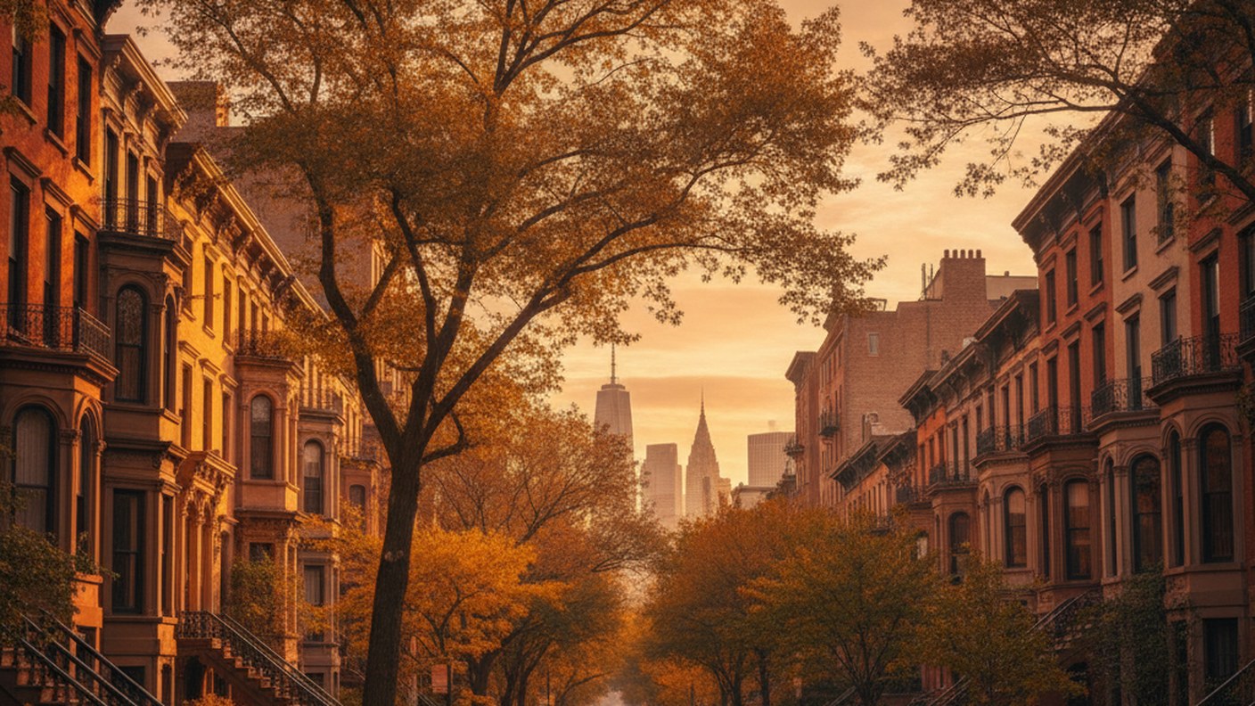 wide view of a Brooklyn brownstone neighborhood with trees and low skyline, golden hour