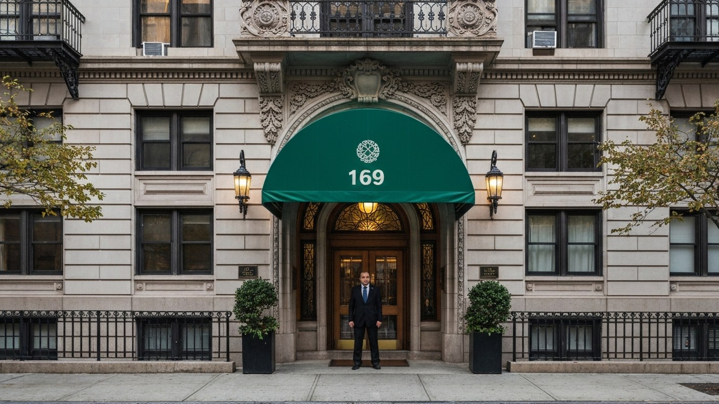 A classic prewar apartment building facade on the Upper West Side with ornate stonework and a green 