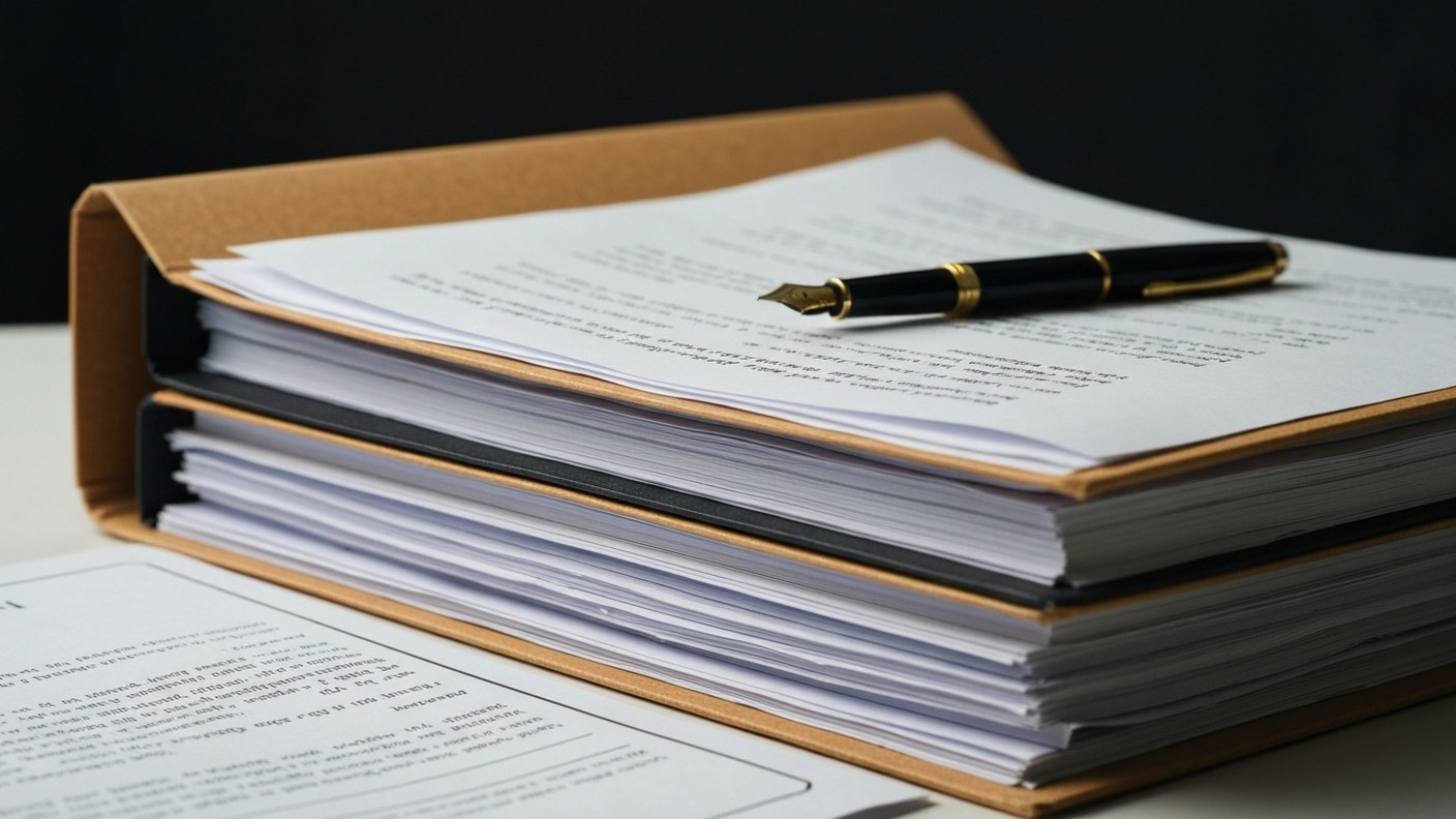 A thick stack of financial documents, tax returns and reference letters neatly organized in folders 