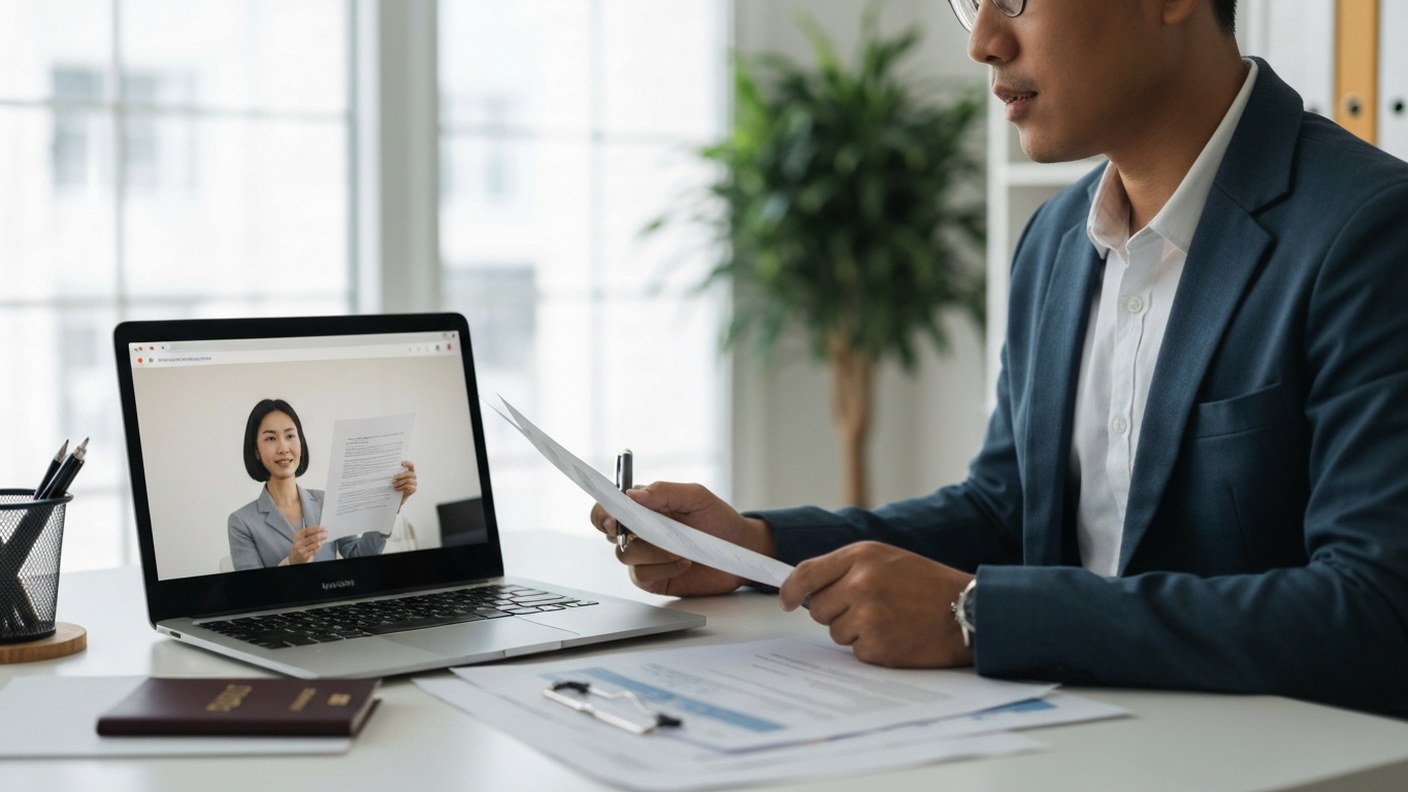 An international business person reviewing documents with an advisor via laptop video call in a brig
