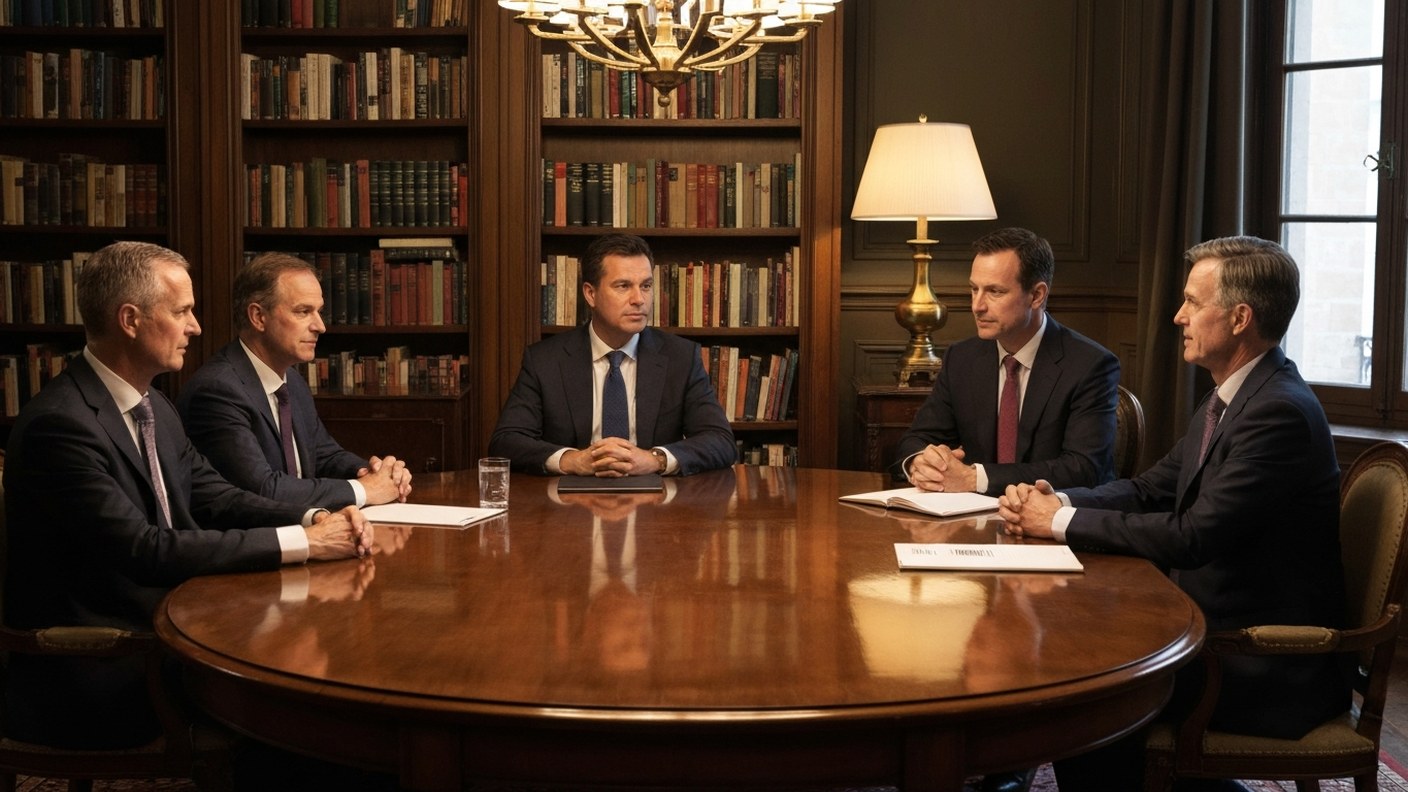 A formal interview around a polished wooden table in an elegant prewar apartment library room, sever