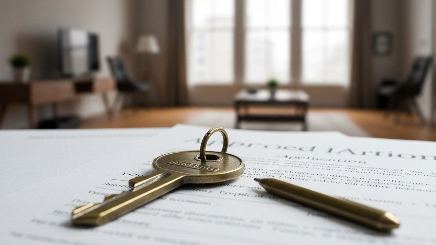 Keys with a vintage brass keychain on top of approved application documents, soft focus prewar apart