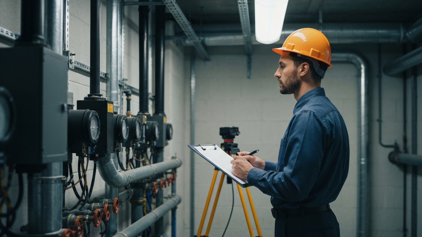 An engineer with a clipboard inspecting building systems in a mechanical room, professional technica