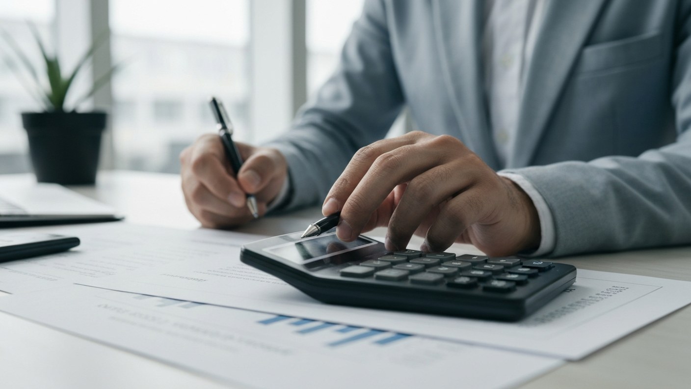 Financial documents with depreciation schedules and a calculator on a desk, accountant workspace, fo