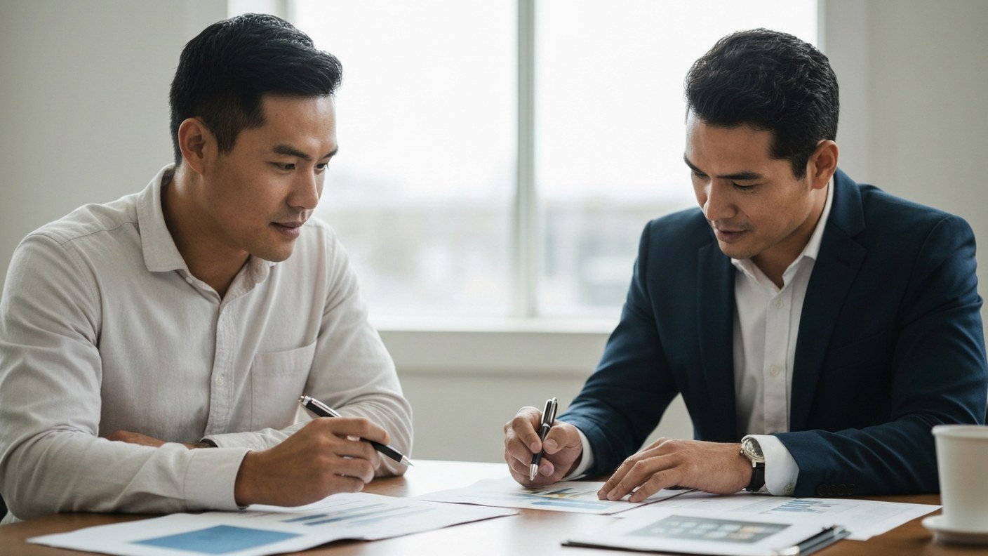 Two professionals reviewing a property analysis report together at a conference table, natural light
