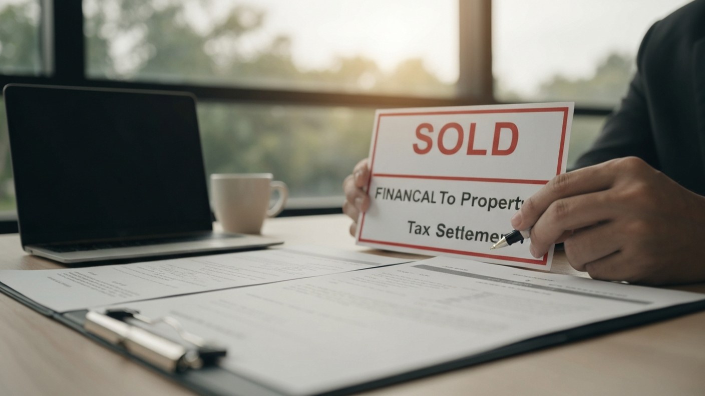 A sold property sign and financial documents on a table, transaction and tax settlement scene, warm 