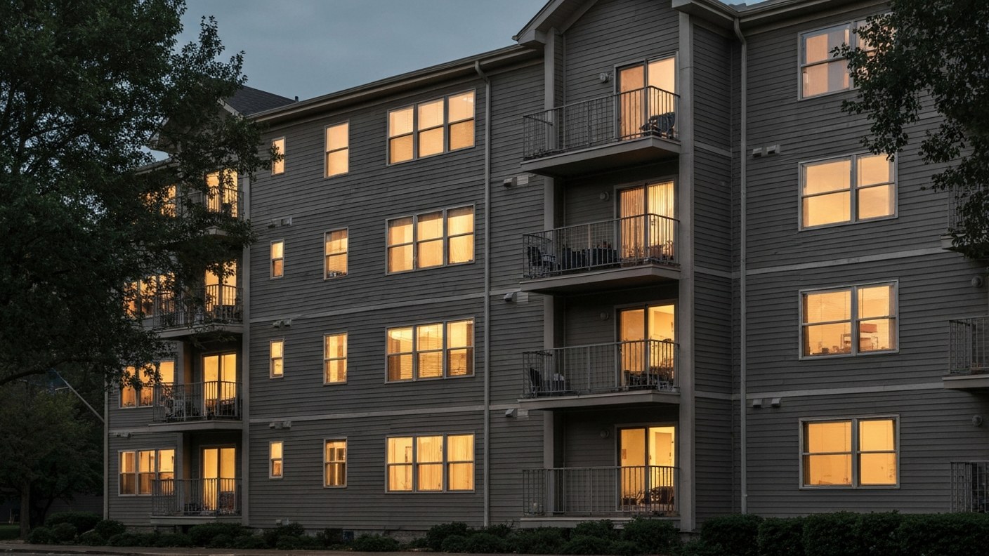 An apartment building exterior in warm evening light with lit windows, sense of a long-term held ass