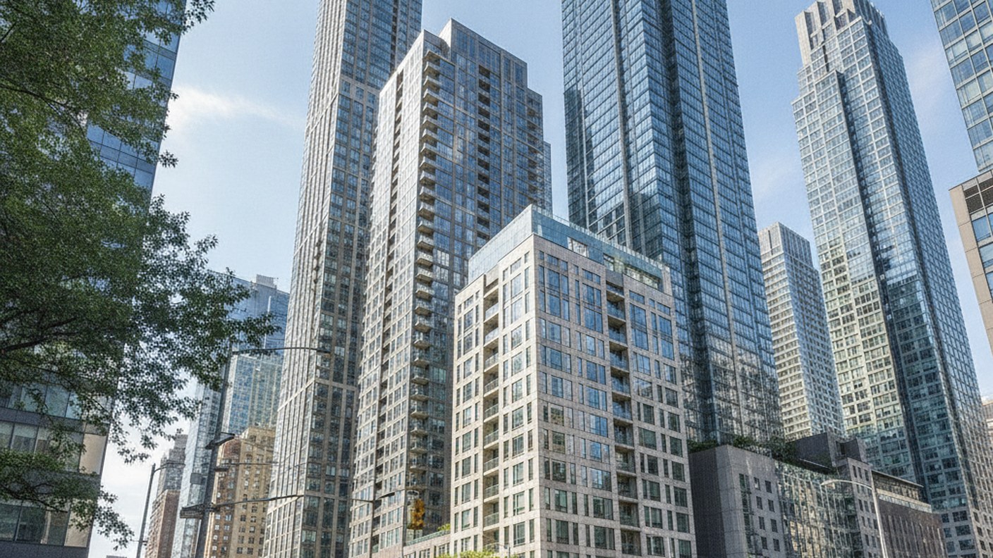 cluster of new high rise residential towers in downtown Brooklyn seen from street level, daytime